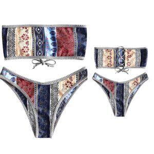 🆕ZAFUL Women’s Strapless Bandeau Bikini- Ribbed, Lace-Up, High Cut NWT, Size Sm